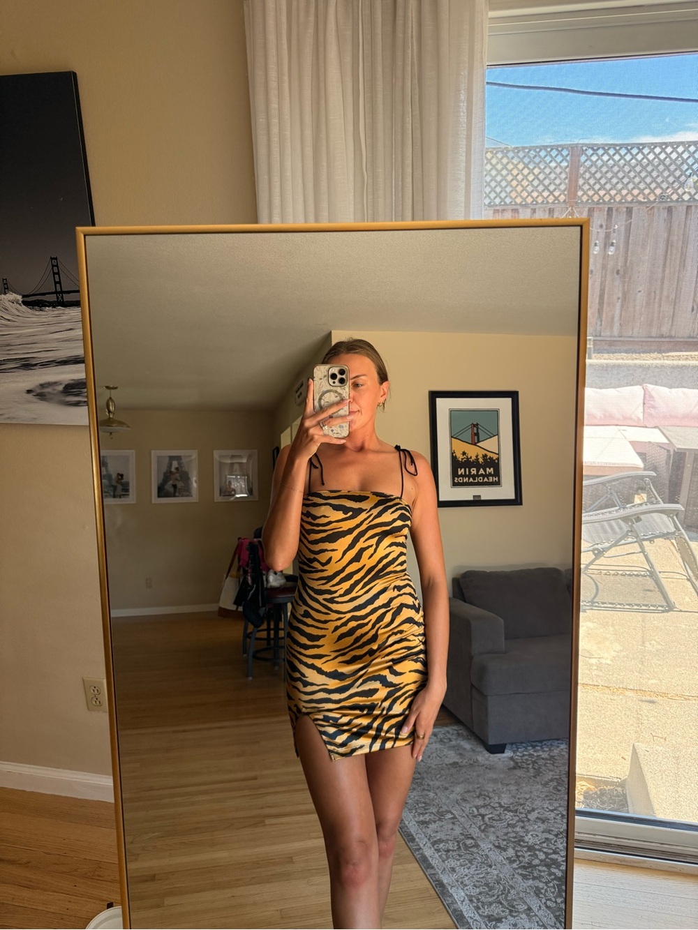 Motel Rocks Tiger Print Mini Dress with Tie Detail